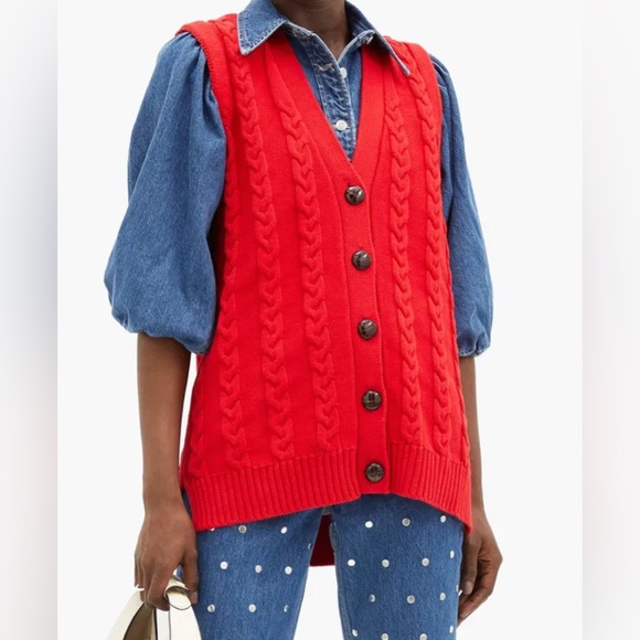 Ganni Sweaters - Ganni V Neck Cable Knit Cotton Blend Sleeveless Cardigan Vest Red size Small
